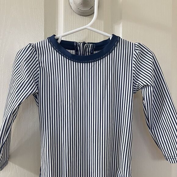 RuffleButts Navy Blue Striped One Piece Rash Guard Swimsuit Size 18-24 Months - Picture 2 of 15